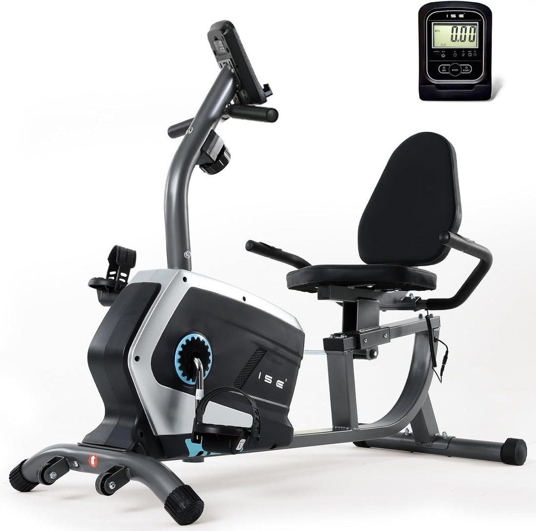 ISE Ergometer Liege- Heimtrainer mit Magnetbremse, Pulssensoren und LCD-Display, 8 Widerstandsstufen
