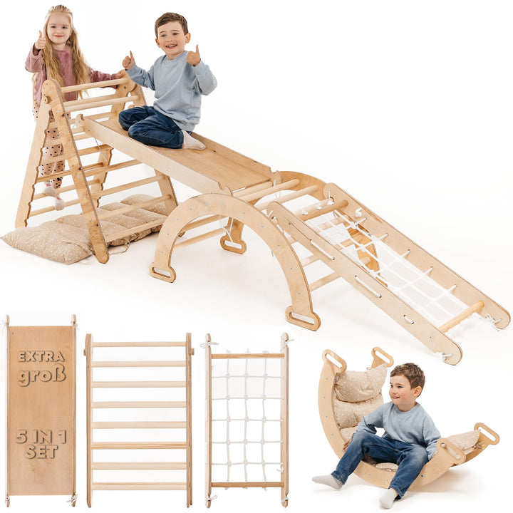 Goodevas 5-in-1 Montessori Klettergerüst Set: Indoor Kletterdreieck, Kletterbogen mit Kissen, Klette