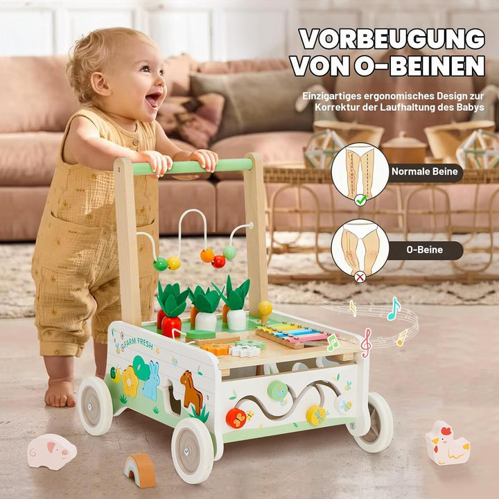 Labebe Lauflernwagen Holz,Baby Lauflernhilfe mit gummierten Holzrädern und Activity Center, Gehfrei