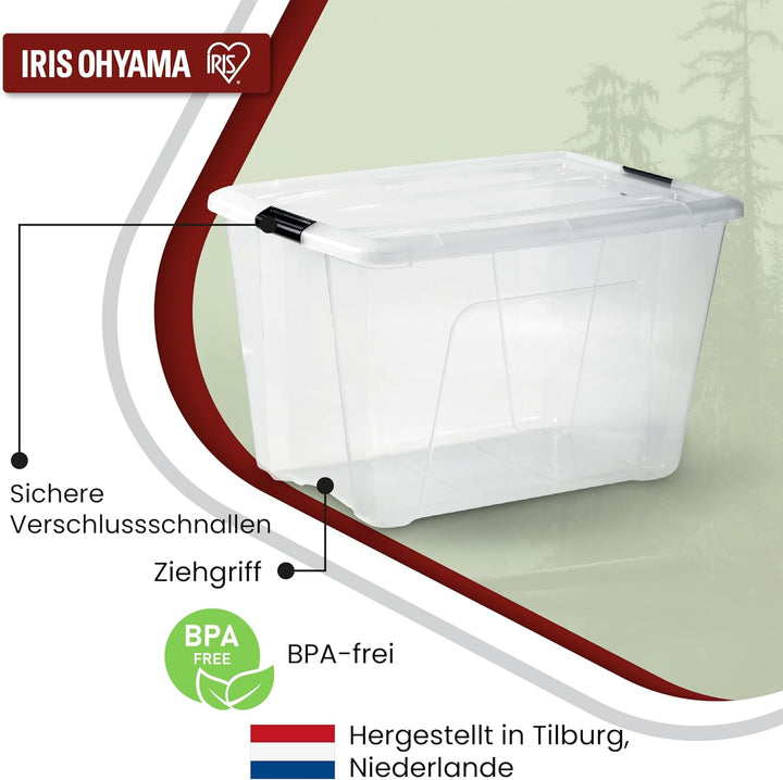 Iris Ohyama, 2er-Set, Aufbewahrungsboxen, 60 L, mit Clips, stapelbar, Wohnzimmer, Schlafzimmer, Gara