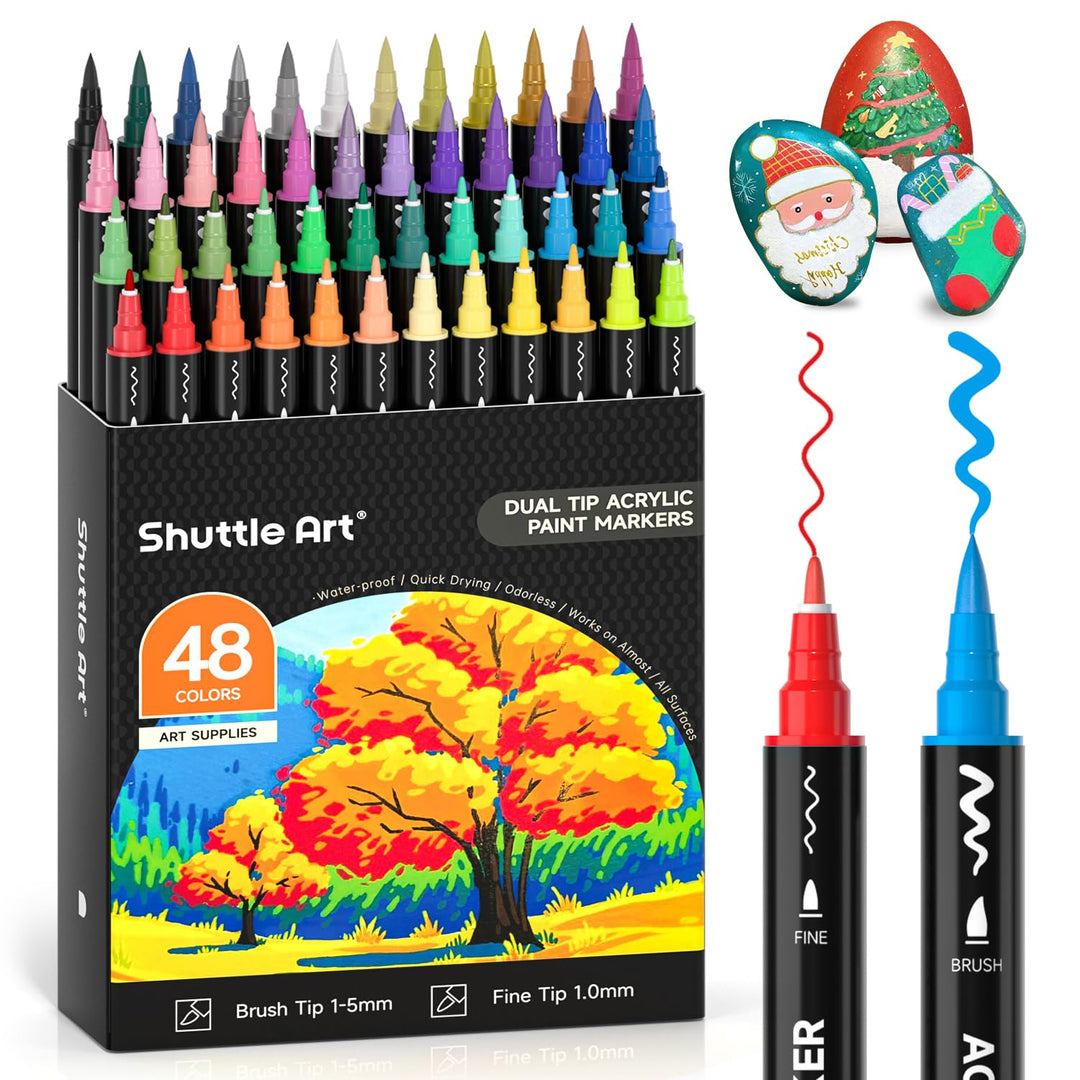 Shuttle Art Acrylstifte für Steine wasserfest, 48 Farben Steine bemalen Stifte Set, doppelköpfige Ac