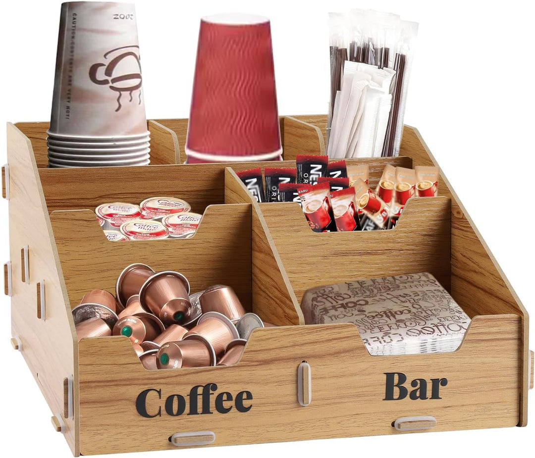 Kaffee Organizer Holz mit 7 Fächern & herausnehmbaren Trennwänden – Kaffeestation & Gewürz Organizer