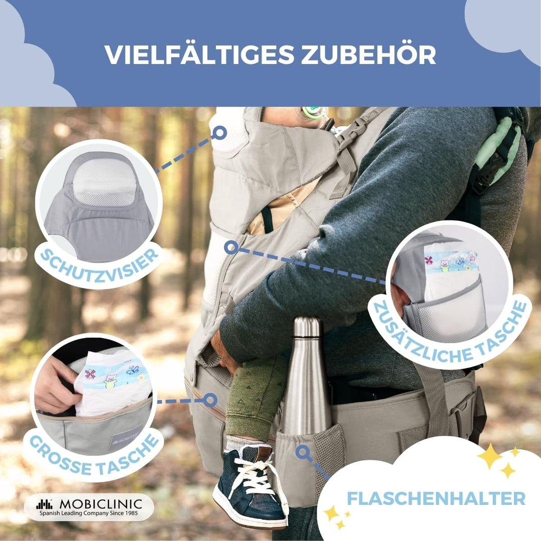 Mobiclinic® kids, Babytrage, 6 in 1, Moley, Mehrpositionale, Faltbar, Reissverschlusstasche, Flasche