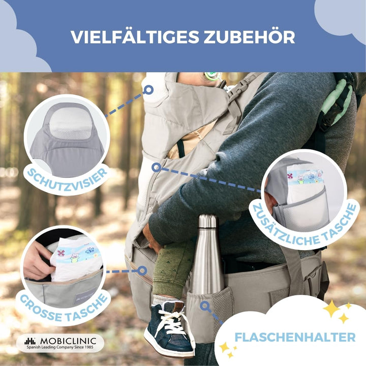 Mobiclinic® kids, Babytrage, 6 in 1, Moley, Mehrpositionale, Faltbar, Reissverschlusstasche, Flasche