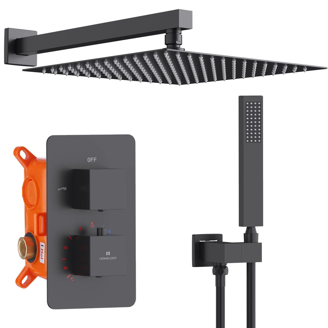 HOMELODY Schwarz Duschsystem mit Thermostat Unterputz Regendusche Duschsystem Eckig,Duscharmatur Dus