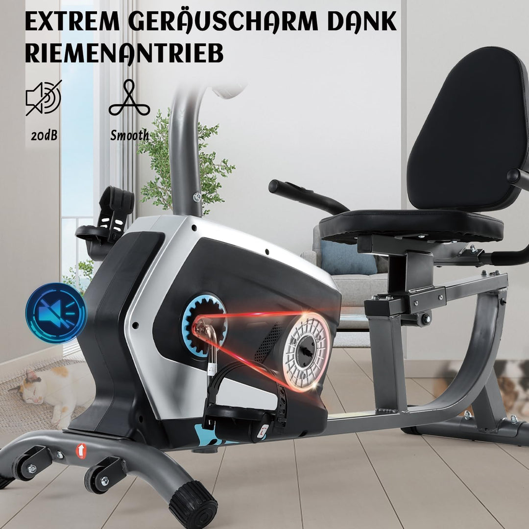 ISE Ergometer Liege- Heimtrainer mit Magnetbremse, Pulssensoren und LCD-Display, 8 Widerstandsstufen