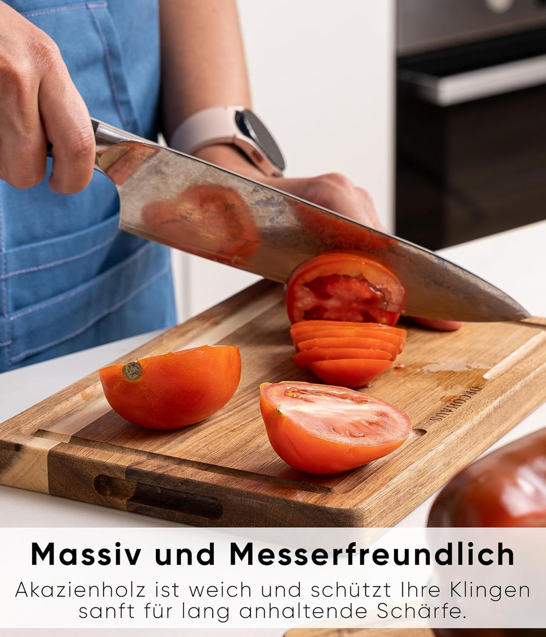 Deco haus Schneidebrett Holz 3er Set aus Robustem Akazie [2cm DICKE] - Schneidebretter mit Saftrille