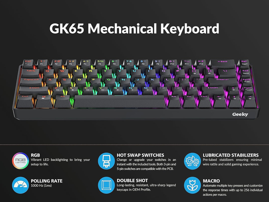 Geeky GK65 65% | Hot Swappable Mechanische Gaming-Tastatur | 68 Tasten Multi Color RGB LED Hintergru