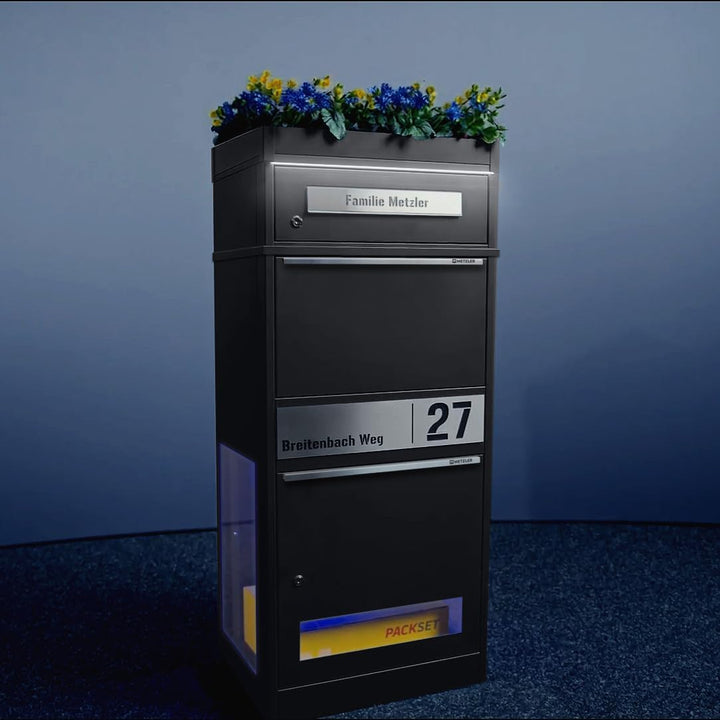 Metzler Briefkasten mit Paketfach und LED-Solarbeleuchtung, abschliessbar und wetterfest in Eisengli