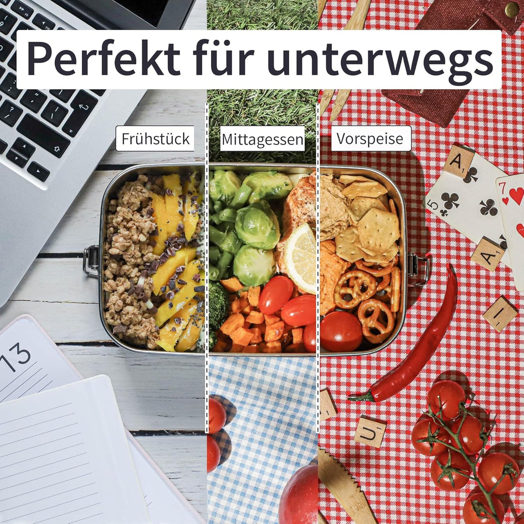 Bambaw Edelstahl Brotdose mit Fächern 1400ml | Auslaufsichere Lunchbox für Erwachsene & Kinder | Spü