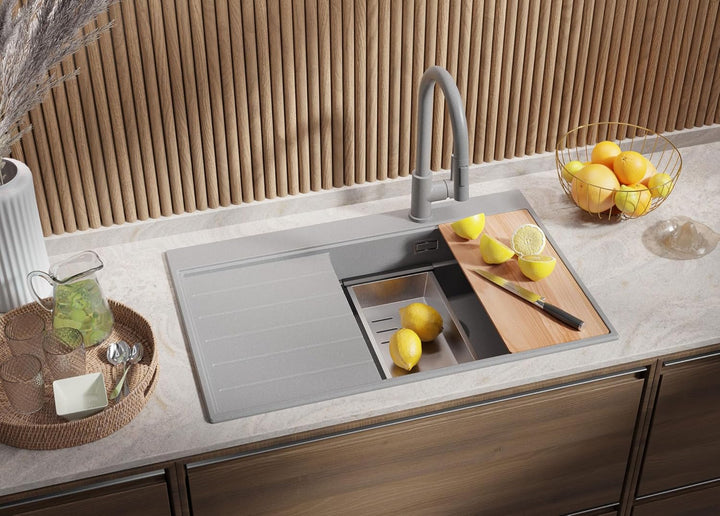 PRIMAGRAN Spülbecken Grau 78x50cm, Granitspüle 1 Becken + Ablauf-Set, Küchenspüle ab 50er Unterschra