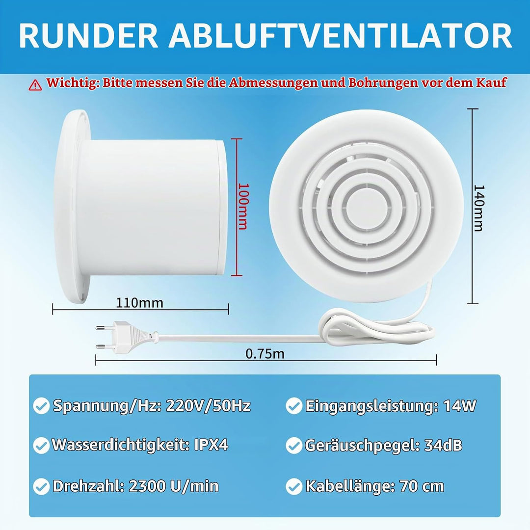 FanGoFast Badlüfter 100mm, Abluftventilator Leiser mit Rücklaufklappe, 120m³/h, 14W Leistungsstarke