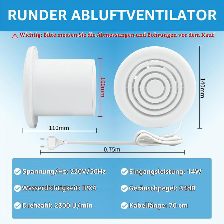 FanGoFast Badlüfter 100mm, Abluftventilator Leiser mit Rücklaufklappe, 120m³/h, 14W Leistungsstarke
