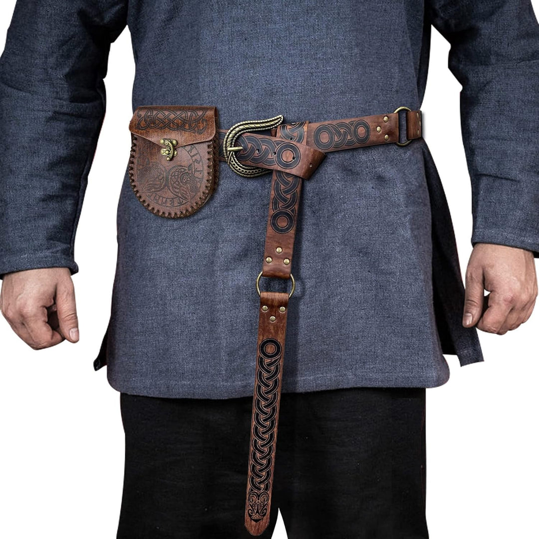 Braune geprägte Gürteltasche, Wikinger-Vintage-Leder-Fanny-Pack-Tasche, mittelalterliche LARP-Gürtel