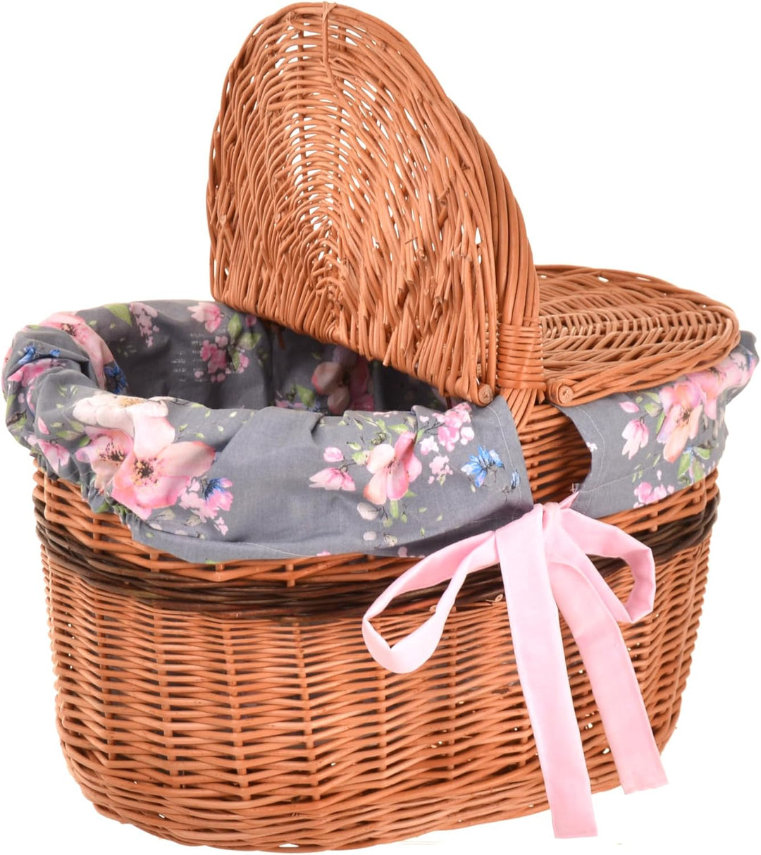 Picknickkorb mit Deckel 40 cm – Einkaufskorb Weide mit Henkel & Stoffeinlage (3 Designs) – Weidenkor