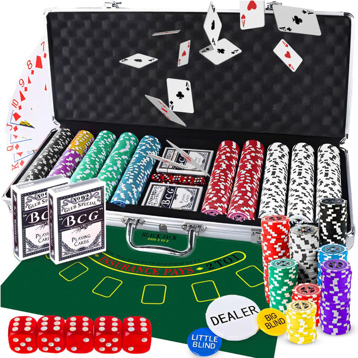 Retoo Pokerkoffer Set 500 Chips im Aluminiumkoffer – Komplettes Pokerset mit 2 Spielkartendecks, 5 W