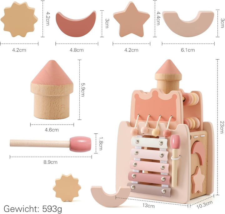 WOODEN TEETHER Montessori Motorikwürfel holzspielzeug Montessori Spielzeug ab 1 Jahr 5 in 1（Rosa Sch