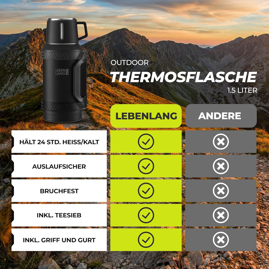 LEBENLANG Thermosflasche 1,5 Liter - 24h Heiss Inkl. Becher, Teesieb, Tragegurt I Trinkflasche Therm