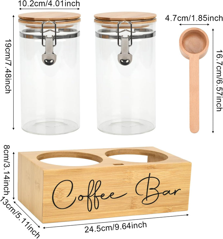 Kaffeedosen-Set aus Glas mit Bambusregal und Löffel, 2 luftdichte Behälter (je 1,3 l) für Kaffeebohn