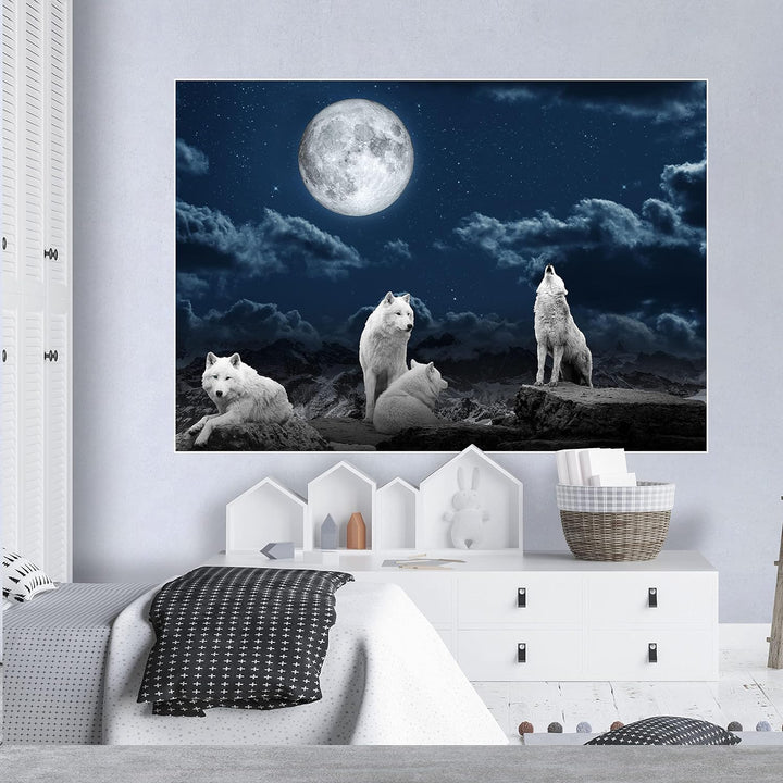 wandmotiv24 Poster als Wanddeko, Grösse 100x70cm, Wolfsrudel, Wolf, Gemälde, Mond, Wölfe, Felsen, Ti