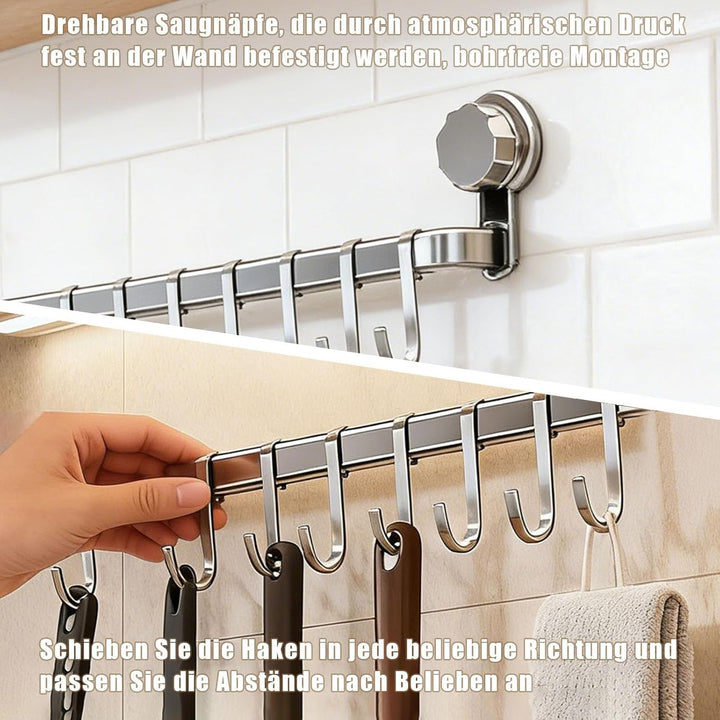 Hakenleiste Küche ohne Bohren mit 8 Haken,Küchenutensilienhalter Saugnapf Montage,45 cm lang,Halter