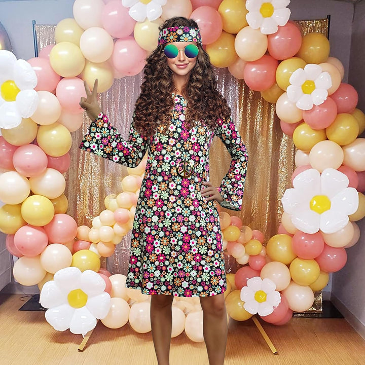 Damen-Hippie-Kleid, 1970er-Kostüm, mit Halskette, Ohrringen, Sonnenbrille, Disco-Outfit, 1960er-Part