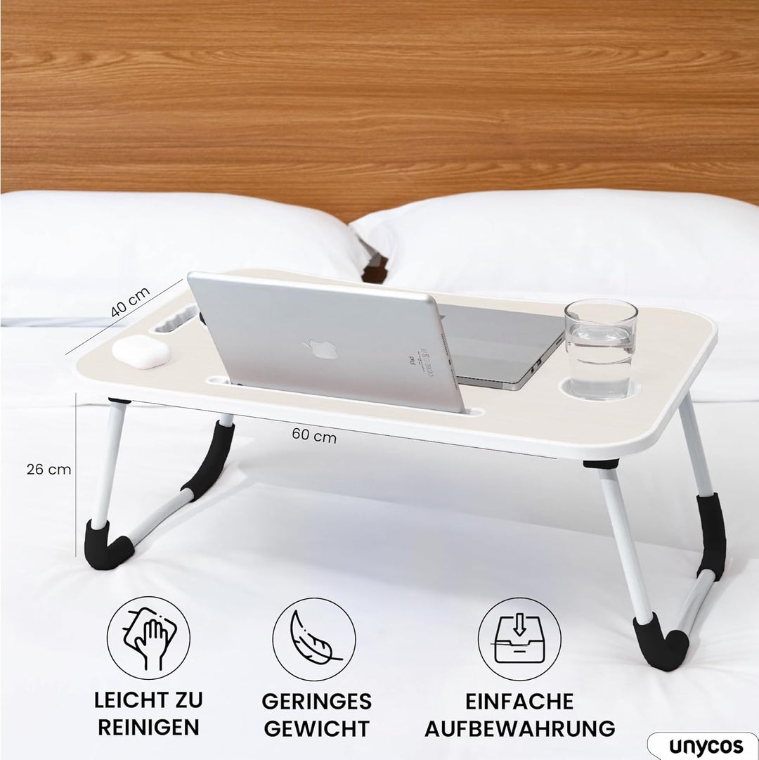 unycos - Betttablett Klappbar, Frühstückstablett mit Griff und Getränkehalter, Serviertisch, Ideal f