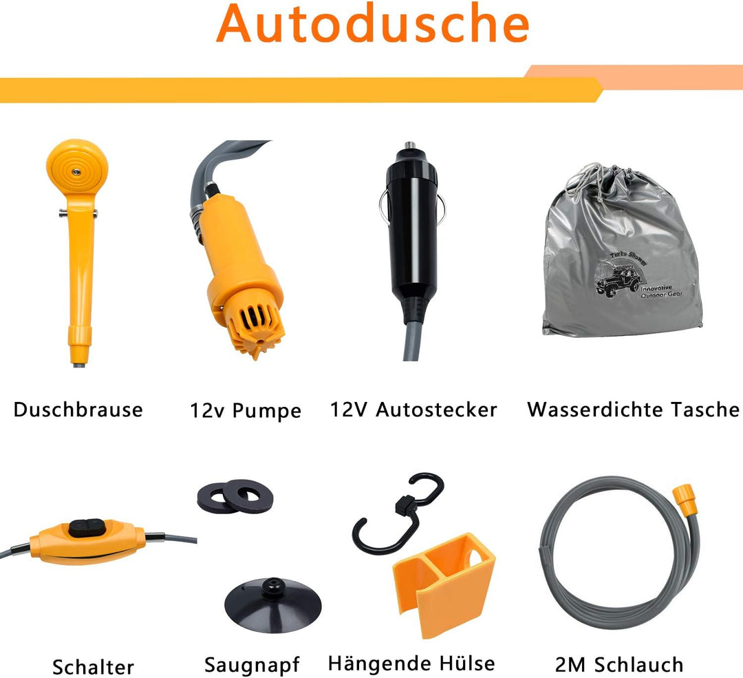 Froadp 12V Campingdusche mit Tauchpumpe, Tragbare Gartendusche inkl. 2m Schlauch und 5m Stromkabel,