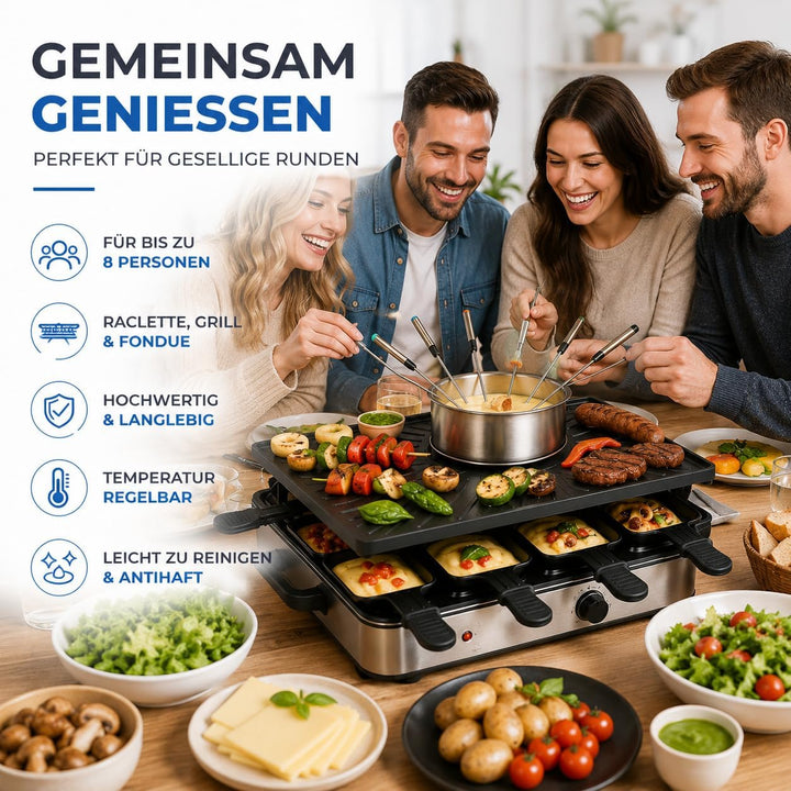 8 Personen Set Raclette - Mit Grillplatte & Steinplatte Funktion - Tischgrill inkl. Pfännchen & Scha