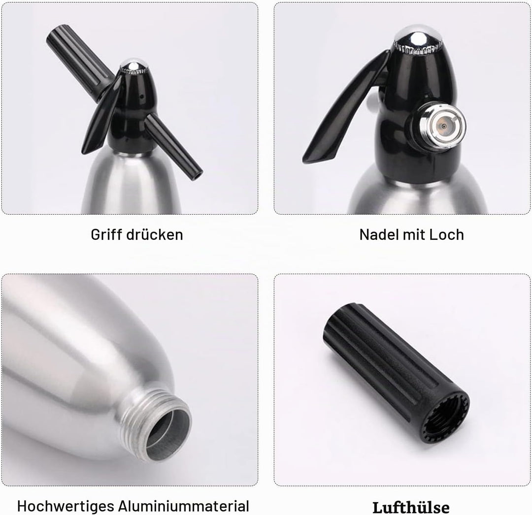 Soda Siphon, Sprudelwasser Maschine 1L, Seltzer Wasser Maker, Tragbare Aluminium Mini Soda-Maschine