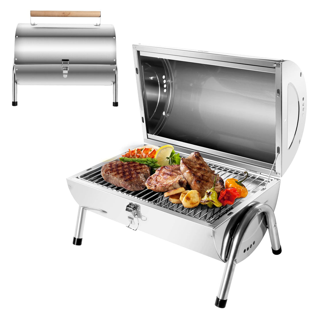 SunJas Edelstahl Klappgrill Holzkohlegrill, BBQ Grill Doppel Grillfläche 34x21.5 cm, Tischgrill Camp