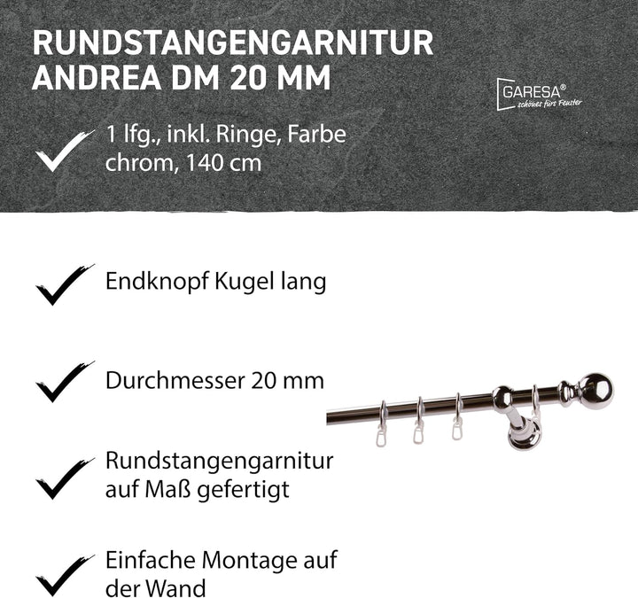 Garesa Gardinenstange Andrea Ø 20mm, 1-läufig, Chrom I Stabile Vorhangstange inkl. Ringe + Faltenleg