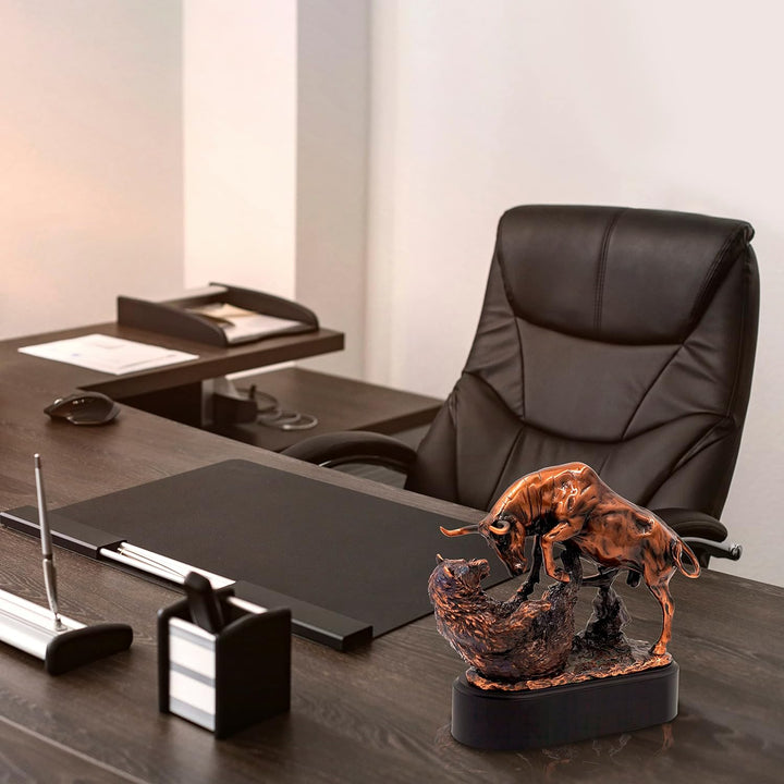 Bronze Electroplated Resin Bull & Bear Sculpture Statue 10" W X 9.5" H by BullMarketGifts, Bronze
