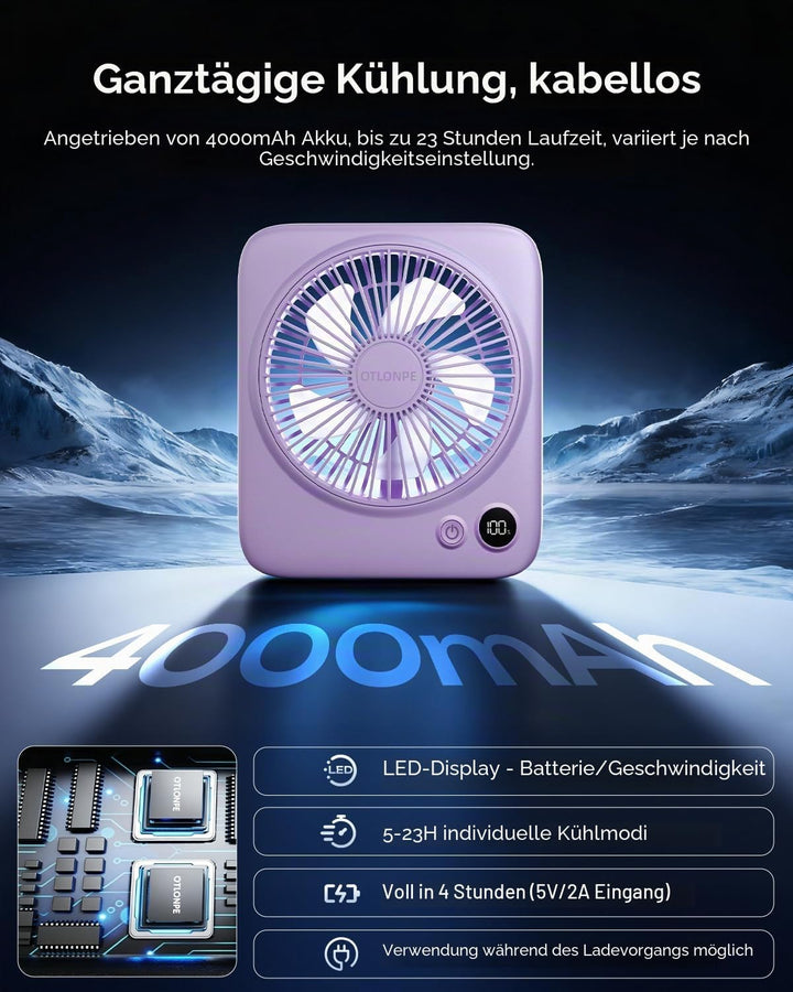 Otlonpe Kleiner Tischventilator, 16,5 cm, 4000 mAh, wiederaufladbar, tragbar, für Reisen, schlank, l