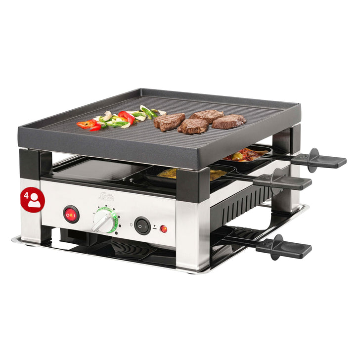 Solis 5in1 Tischgrill, Elektrischer Grill, Indoor Grill mit Raclette- und Mini-Wok-Pfännchen, Elektr