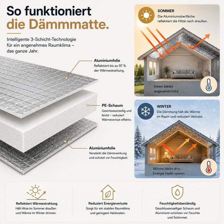 Alu Dämmmatte 5 mm - 10m x 1m Beidseitig aluminiumkaschierte PE-Schaum Alu Isoliermatte 5mm - 10m x