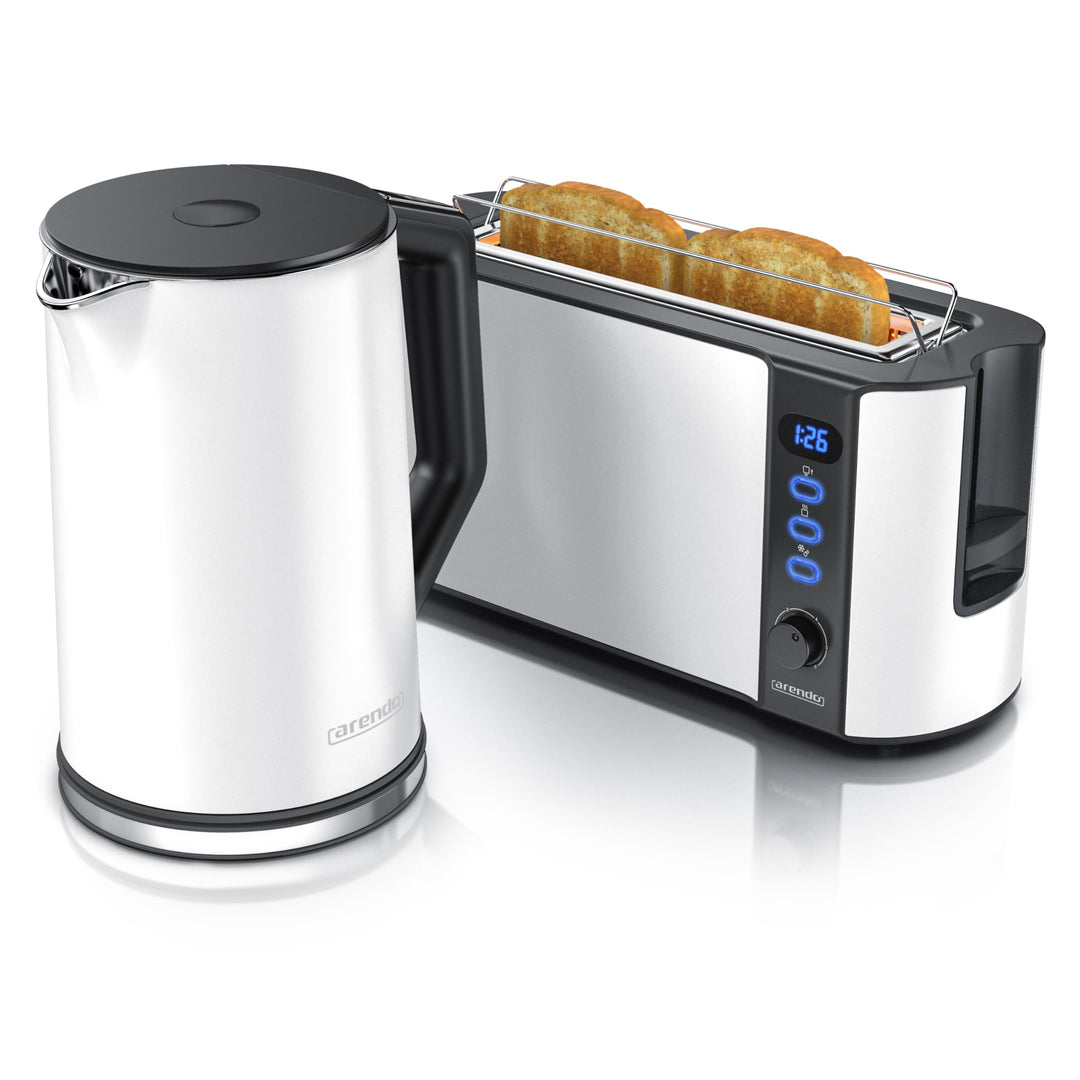 Arendo - Wasserkocher und Toaster im Set Edelstahl Weiss, Wasserkocher 1,5L 40°-100°C Warmhaltefunkt