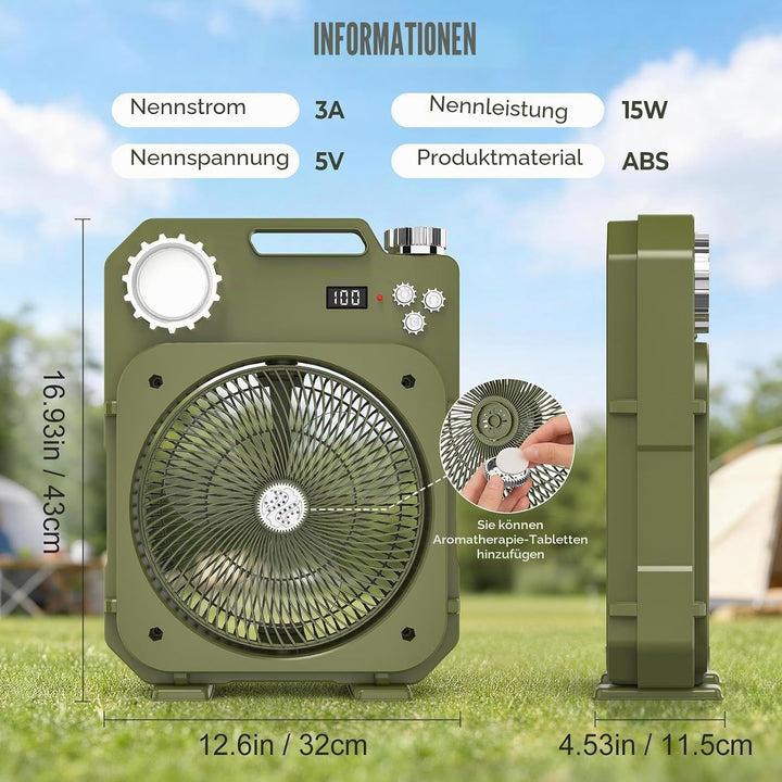 Tragbarer Camping Ventilator mit LED-Licht/SOS, Leiser Akku Tischventilator, Kabellos 5400mAh, 100 G