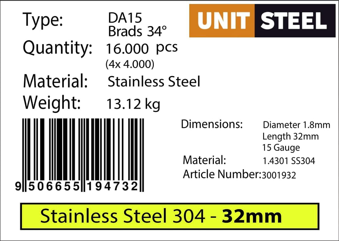 34° Stauchkopfnägel - 1,8x32mm, 4.000 stück, Nägel für Druckluft-Nagler, DA15EGB, Rostfrei Stahl, fü