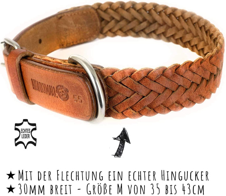 MONKIMAU Halsband für Hunde aus echt Leder geflochten verstellbar M 35-43cm S-M: 30mm x 50cm, S-M: 3