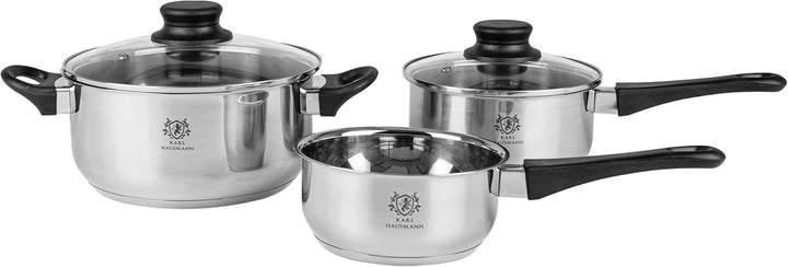 Topfset Induktion 3-teilig, Kochtopf Set mit Glasdeckel, Edelstahl mattiert, Induktions Töpfe Set un