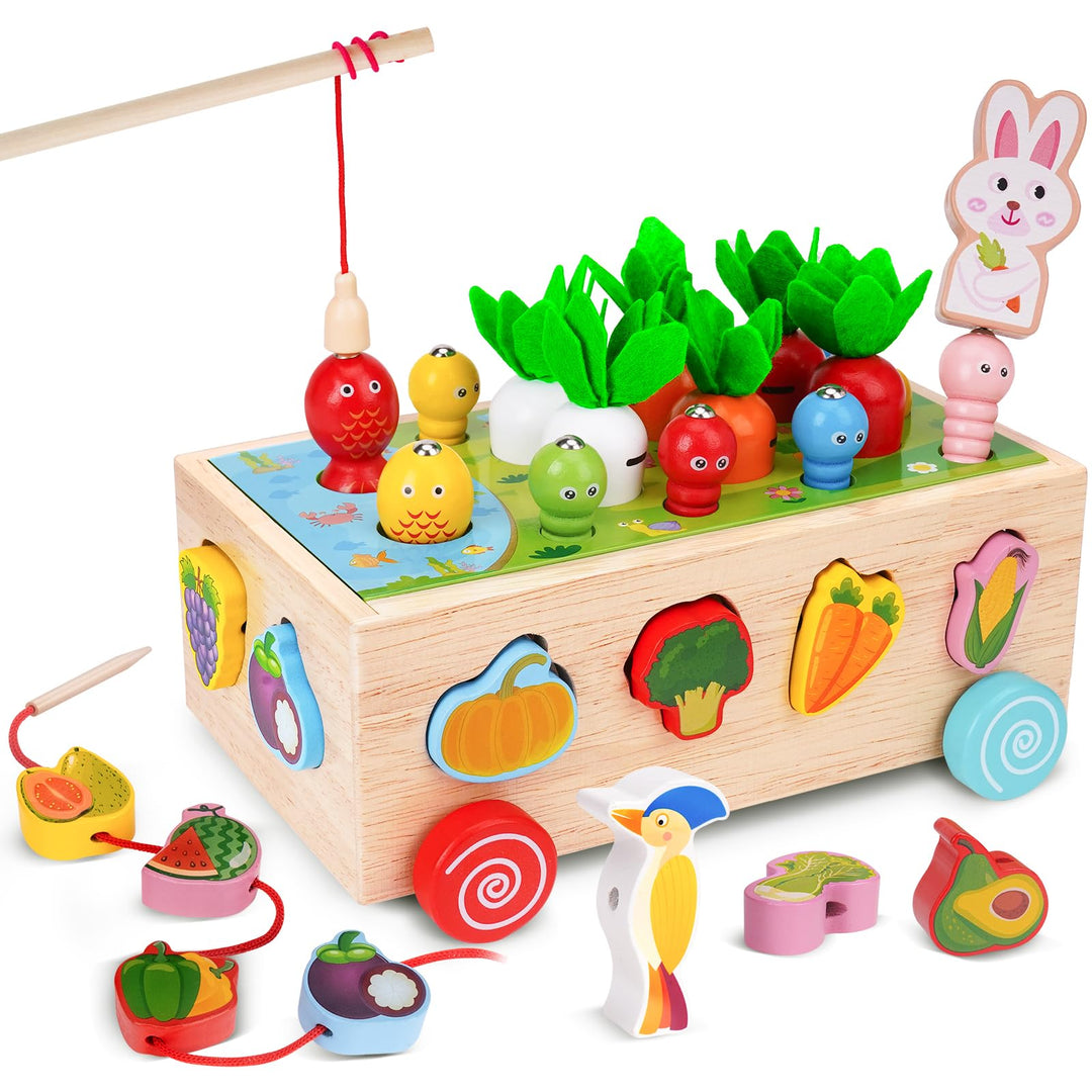 Goffii Montessori Spielzeug, Kinder Baby 8-in-1 Holzspielzeug, Bauernhof Autos, Karotten ernten Sort