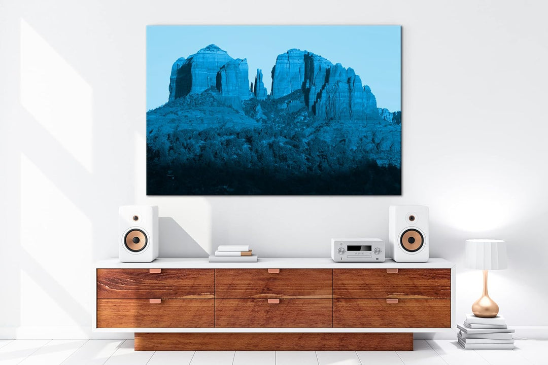 deyoli rote Felsen in Arizona Format 80x60 Effekt: Monocrome Blau als Leinwandbild, Motiv fertig ger