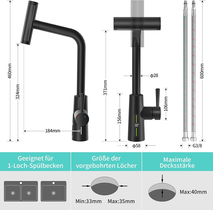 KAIYING Wasserhahn Küche Ausziehbar mit Temperaturanzeige (Batterielos), Hochdruck Wasserfall Küchen