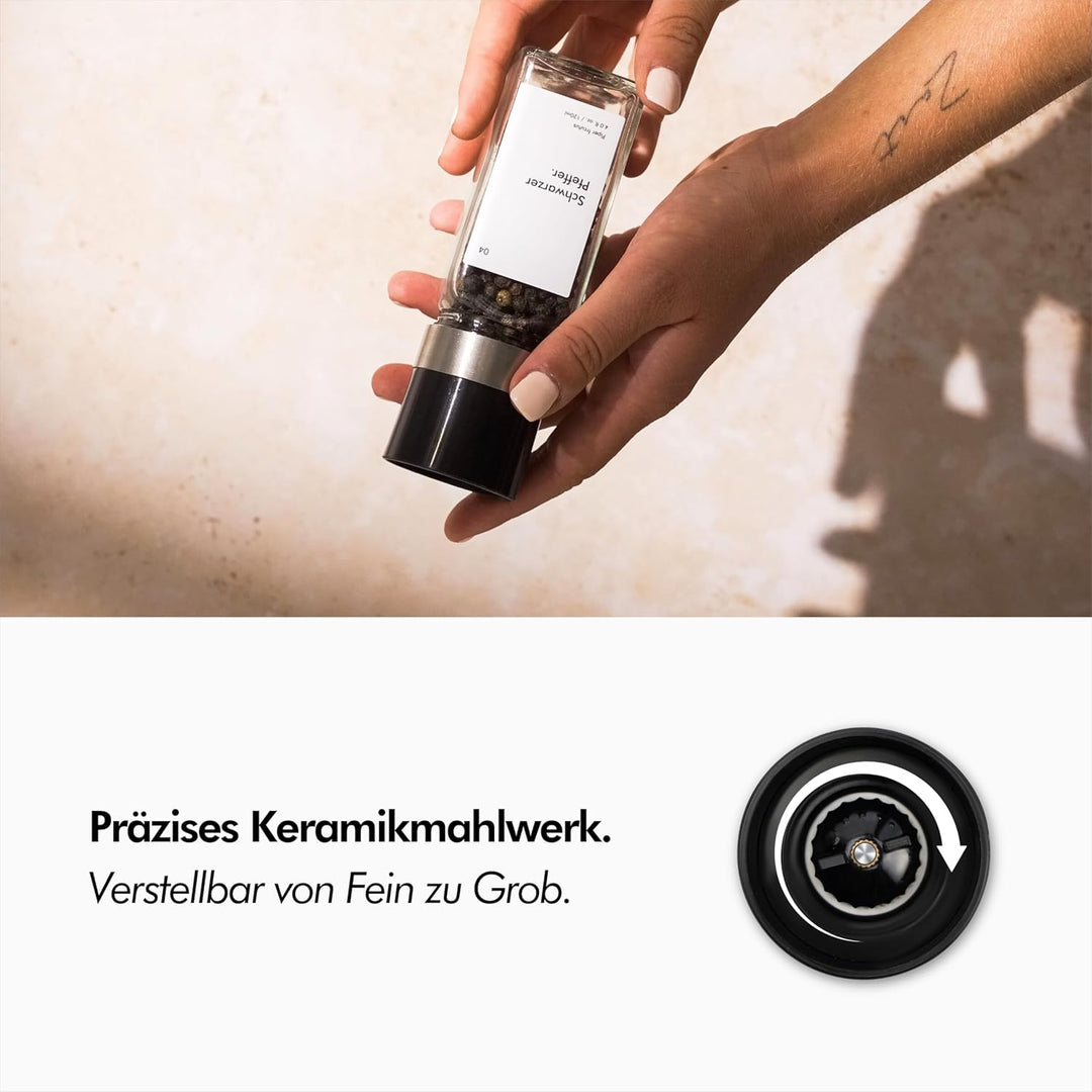 KIVY Salz und Pfeffermühle 2er Set + 8 Wasserfeste Label - Verstellbares Keramikmahlwerk - Gewürzmüh