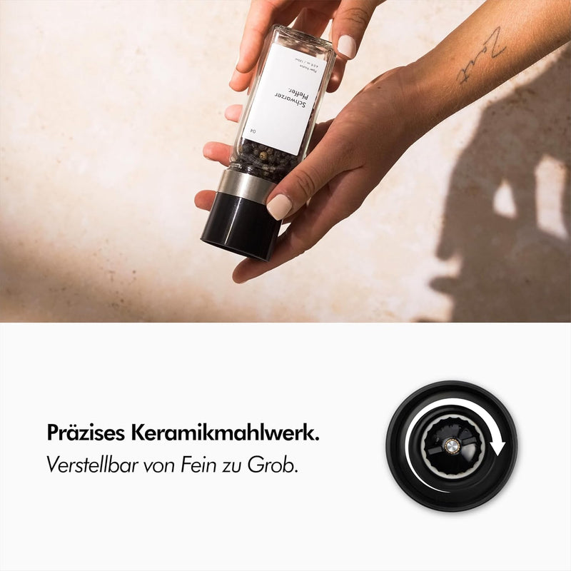KIVY Salz und Pfeffermühle 2er Set + 8 Wasserfeste Label - Verstellbares Keramikmahlwerk - Gewürzmüh