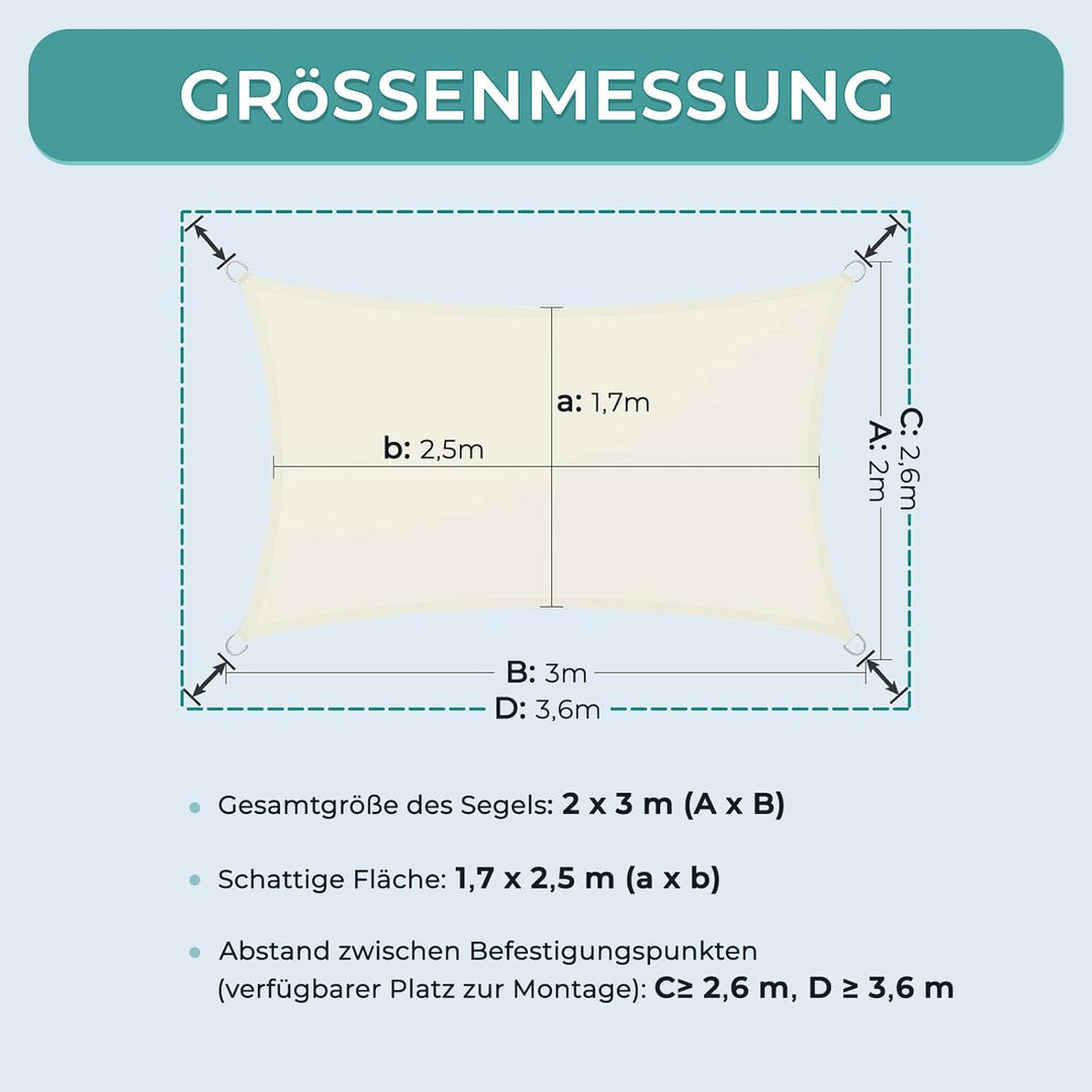Dripex Sonnensegel wasserdicht Sonnenschutz Set 2X3 m inkl Befestigungsseile Rechteckig Polyester Im