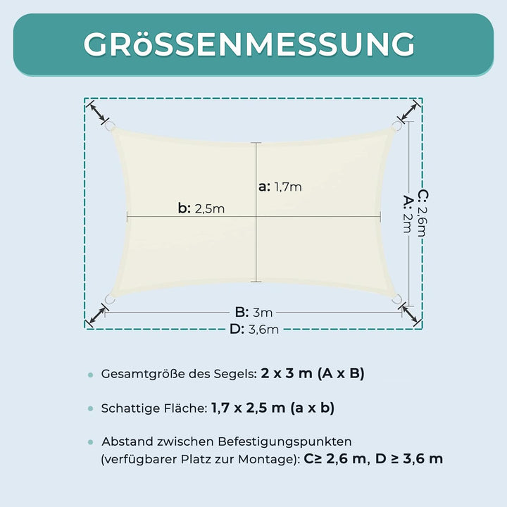 Dripex Sonnensegel wasserdicht Sonnenschutz Set 2X3 m inkl Befestigungsseile Rechteckig Polyester Im