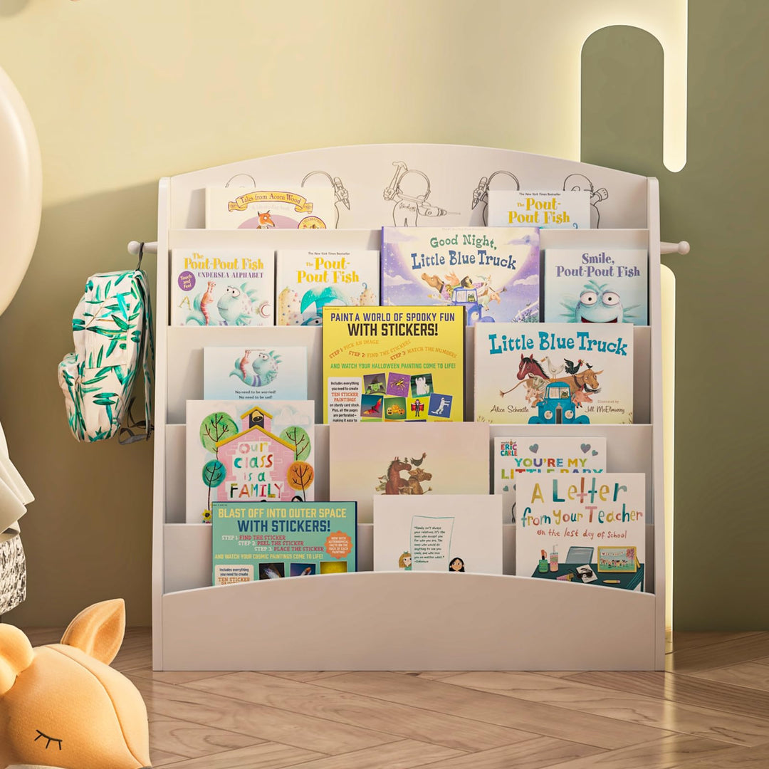Kinder Bücherregal mit 5 offenen Fächern und Haken, Kinderregal Holz, Montessori Aufbewahrungsregal
