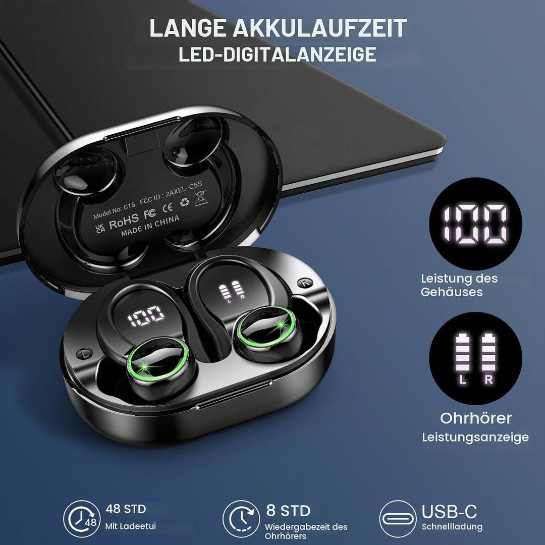 2026 Bluetooth Kopfhörer, Kopfhörer Kabellos Bluetooth 5.4 Sport tiefer Bass, 56 std Spielzeit In Ea